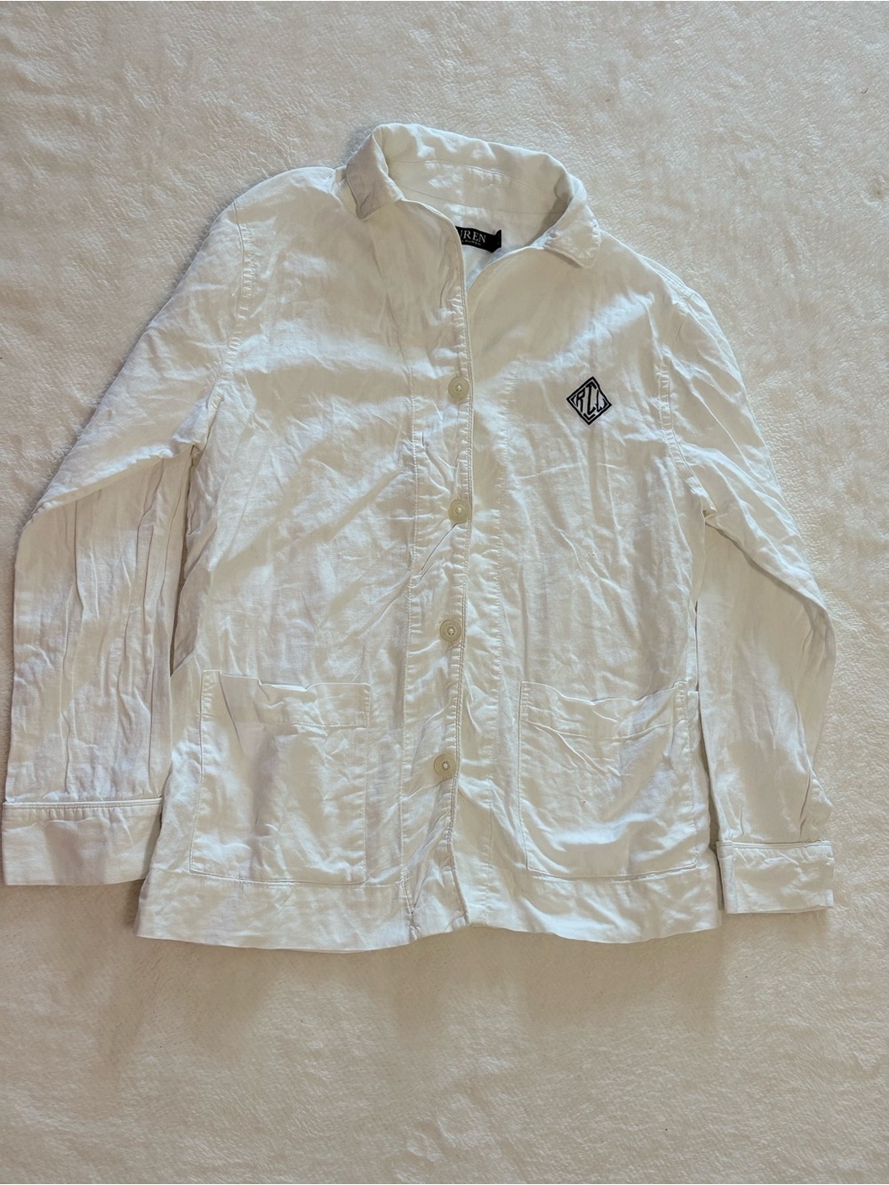 Lauren Ralph Lauren White Linen Rayon Button-Up Collared Shirt Pockets XS